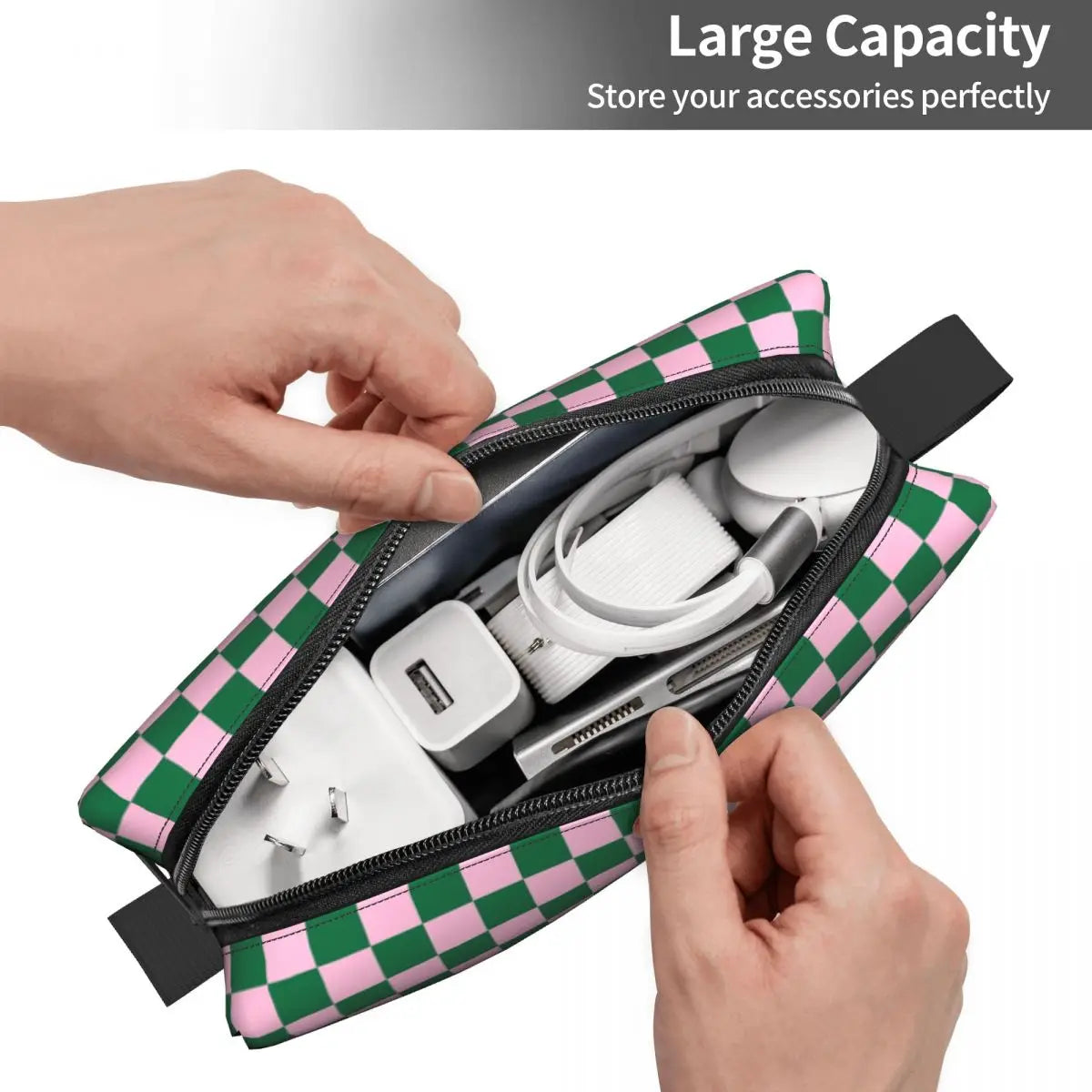 Cotton Candy Pink And Cadmium Green Checkerboard Toiletry Bag Plaid Makeup Cosmetic Organizer Lady Beauty Storage Dopp Kit Box