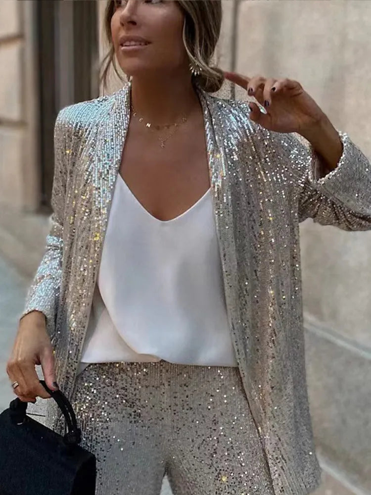 V-neck Open Stitch Sequined Two Piece Set Women Long Sleeve Loose Women's Trouser Suits Spring Autumn Solid Fashion Lady 's Suit