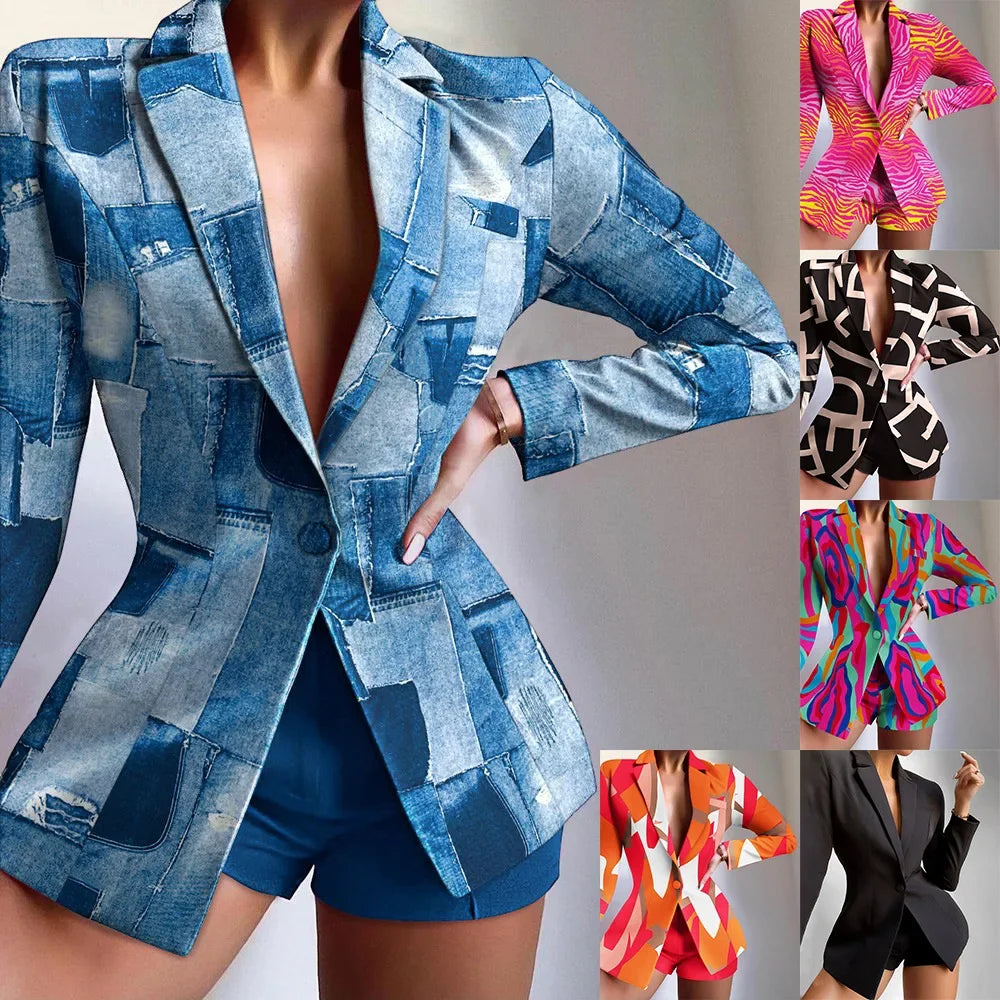Female Fashion Women Outfits Geometric Pattern Printed Suit Women Long Sleeve Turn Down Collar Suit and Shorts Two Piece Sets