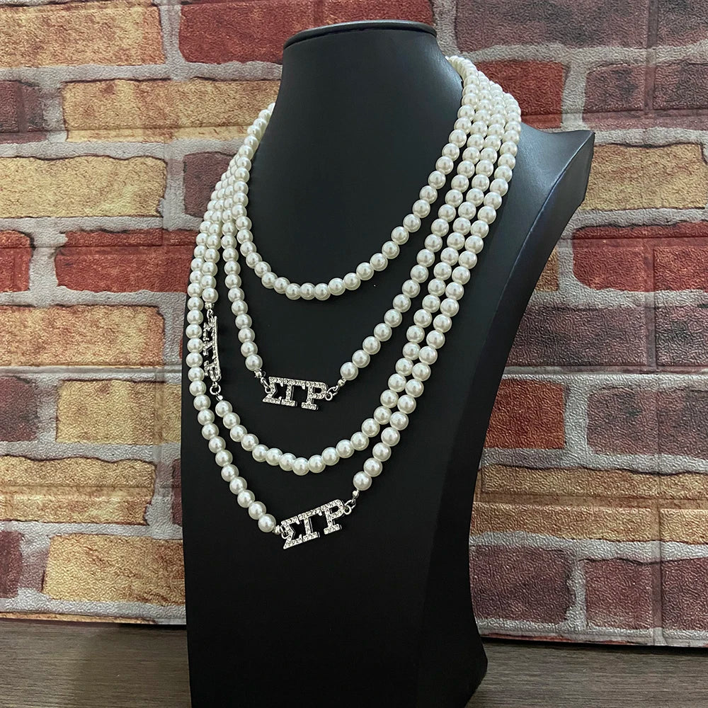 Fashion SIGMA GAMMA RHO Fellowship Greek Letter Inlaid Rhinestone Jewelry Charm Multi layered Pearl Necklace