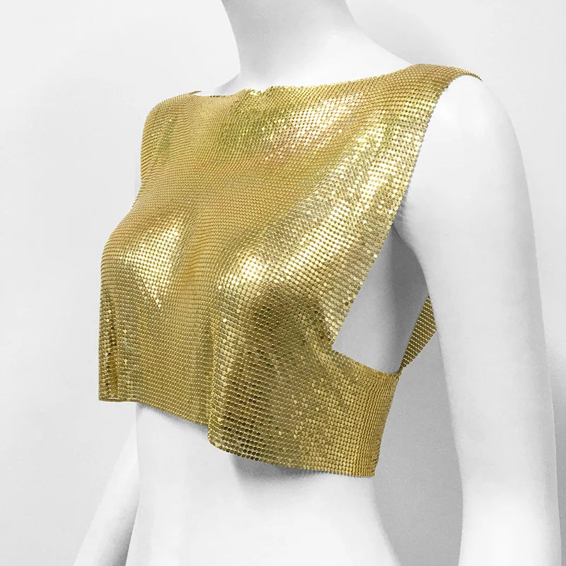 2023 Summer Luxurious Design Women's Sexy Metallic Sequin Tank Top Sleeveless Round Neck Crop Top Nightclub Camisole Rave Party