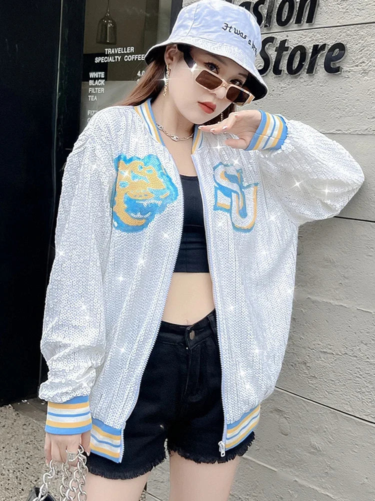Korean Women Loose Cartoon Sequins Coats Spring Fall Female Casual Hip Hop Baseball Jacket Tops All-matched Outerwear Streetwear