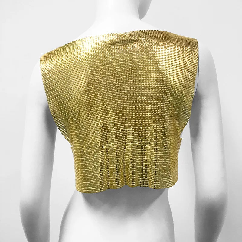 2023 Summer Luxurious Design Women's Sexy Metallic Sequin Tank Top Sleeveless Round Neck Crop Top Nightclub Camisole Rave Party