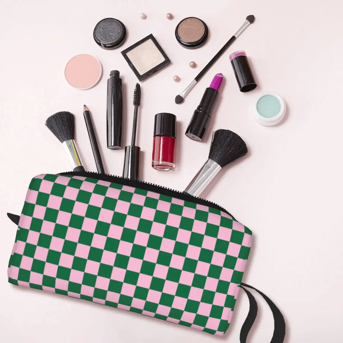 Cotton Candy Pink And Cadmium Green Checkerboard Toiletry Bag Plaid Makeup Cosmetic Organizer Lady Beauty Storage Dopp Kit Box