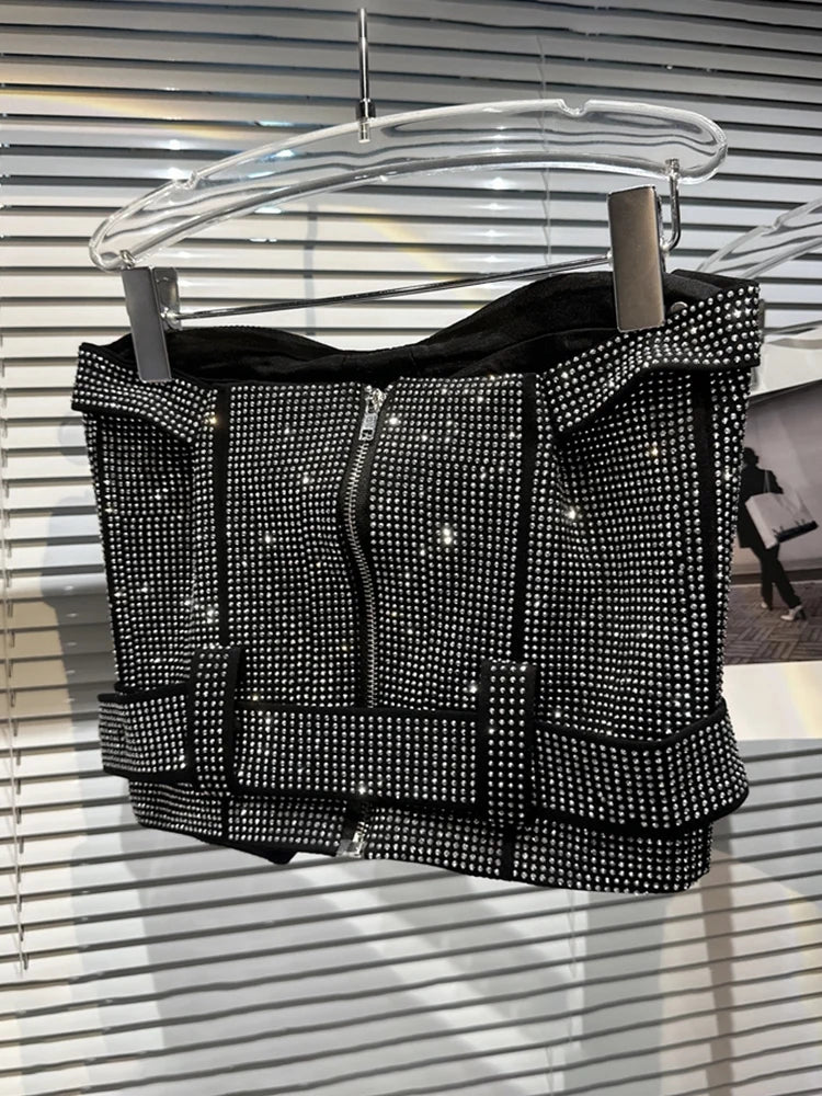 DEAT Summer Female Shiny Rhinestone Splice Sexy Strapless Women's High Waist Belt Designer Mini Short Skirts 2024 New 11XX2075