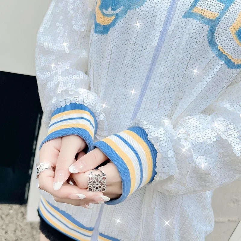 Korean Women Loose Cartoon Sequins Coats Spring Fall Female Casual Hip Hop Baseball Jacket Tops All-matched Outerwear Streetwear