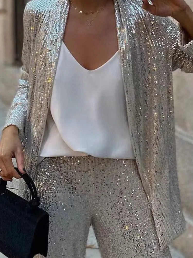 V-neck Open Stitch Sequined Two Piece Set Women Long Sleeve Loose Women's Trouser Suits Spring Autumn Solid Fashion Lady 's Suit