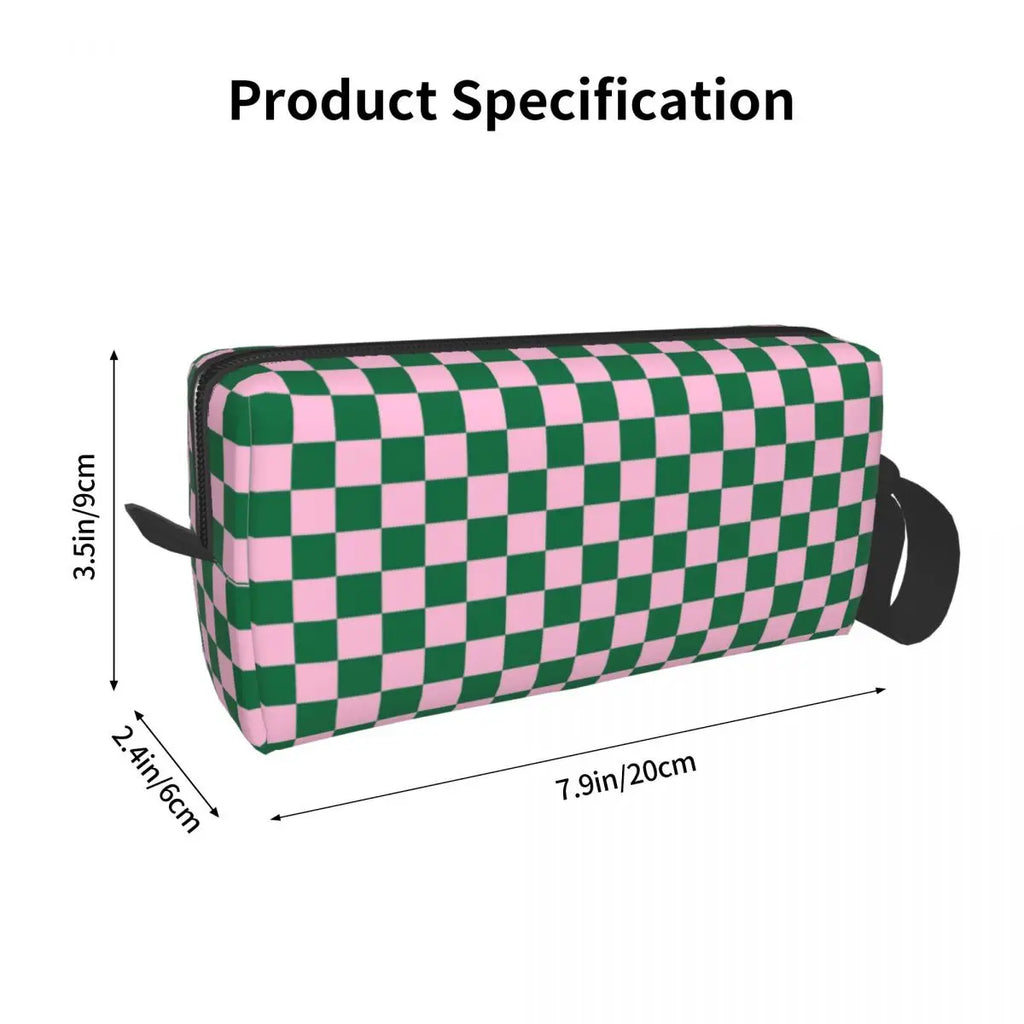 Cotton Candy Pink And Cadmium Green Checkerboard Toiletry Bag Plaid Makeup Cosmetic Organizer Lady Beauty Storage Dopp Kit Box