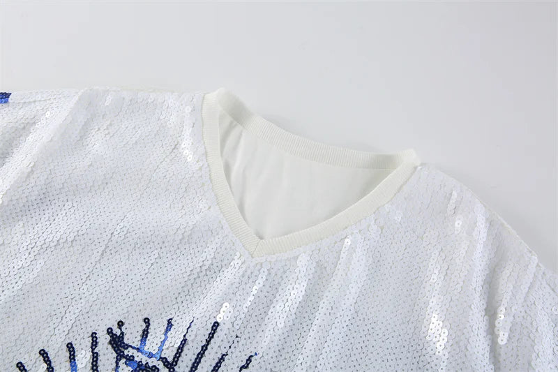 Runway Sequins Cartoon Letter Striped Digit Streetwear Short Sleeve T-Shirt Summer Hip Hop Night Club High Quality Women's Tops
