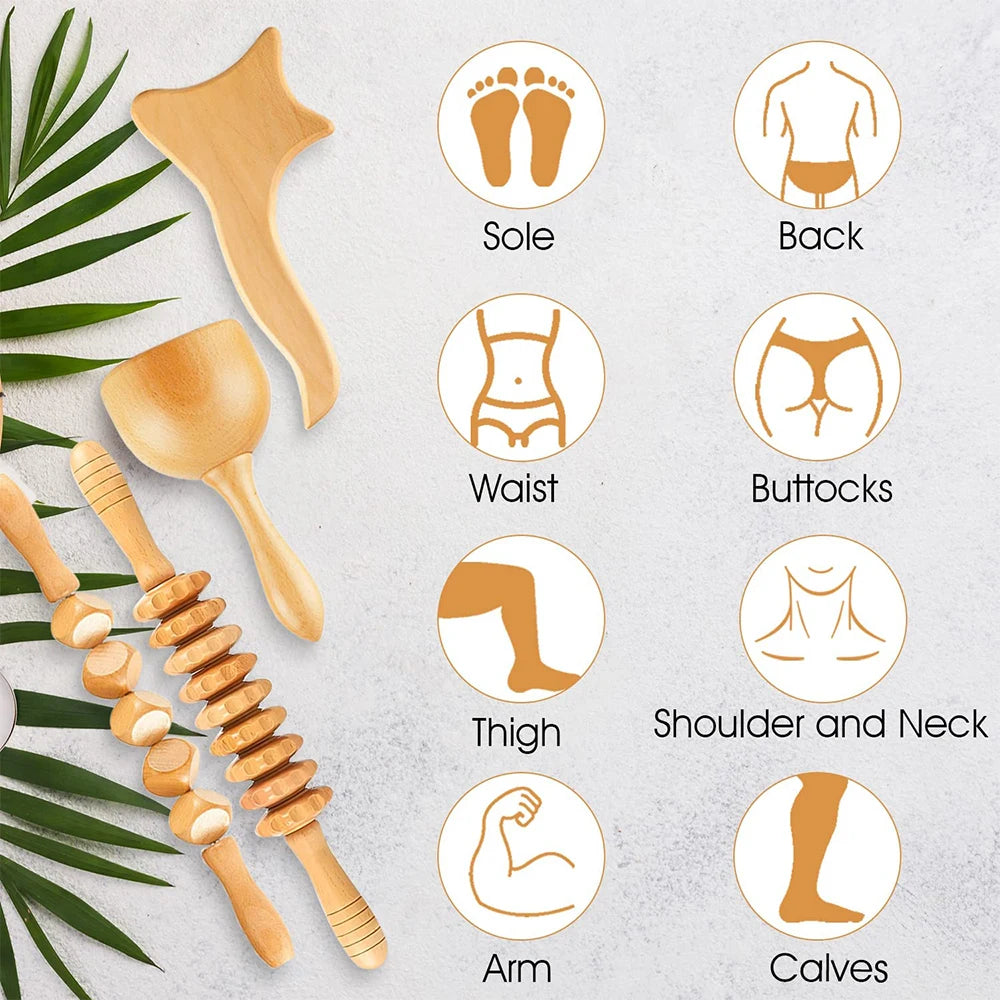4 In 1 Wooden Therapy Massage Tools Anti Cellulite Massager Muscle Pain Relief Wooden Kit for Body Shaping & Sculpting