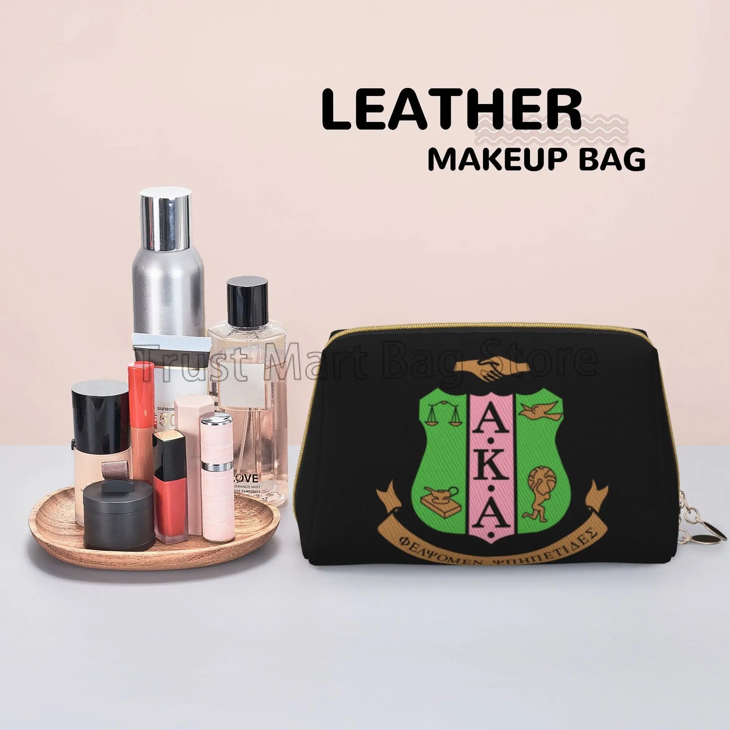 AKA Sorority Gifts for Women Girl 1908 Pink Green Inspired Positive Makeup Bag Leather Women Travel Toiletry Pouch Cosmetic Bag
