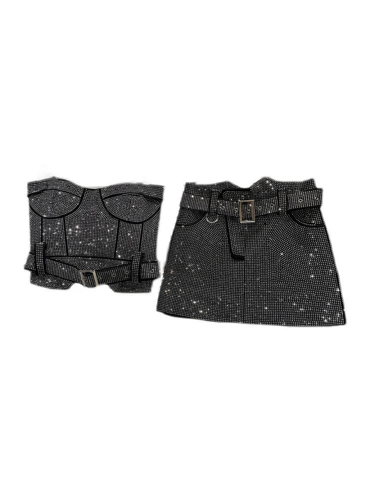 DEAT Summer Female Shiny Rhinestone Splice Sexy Strapless Women's High Waist Belt Designer Mini Short Skirts 2024 New 11XX2075
