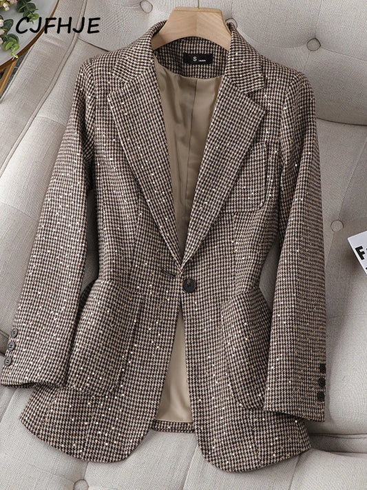 CJFHJE Women's Casual Temperament Suit Jacket Professional Spring Autumn New French Fashion Women Plaid Retro Shiny Blazers
