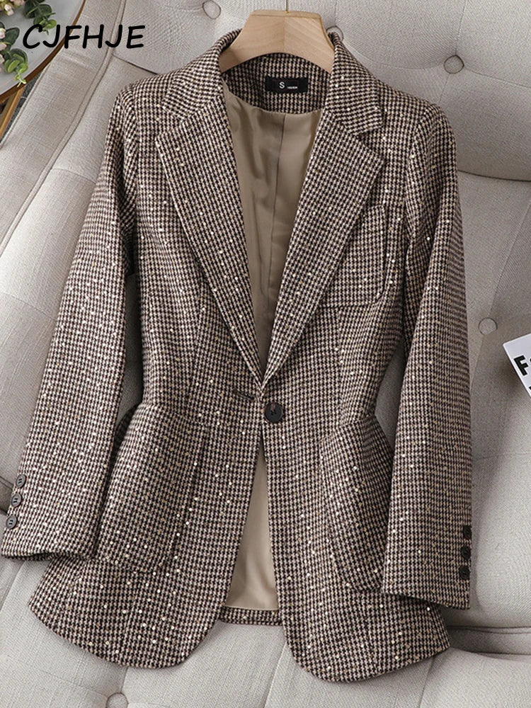 CJFHJE Women's Casual Temperament Suit Jacket Professional Spring Autumn New French Fashion Women Plaid Retro Shiny Blazers