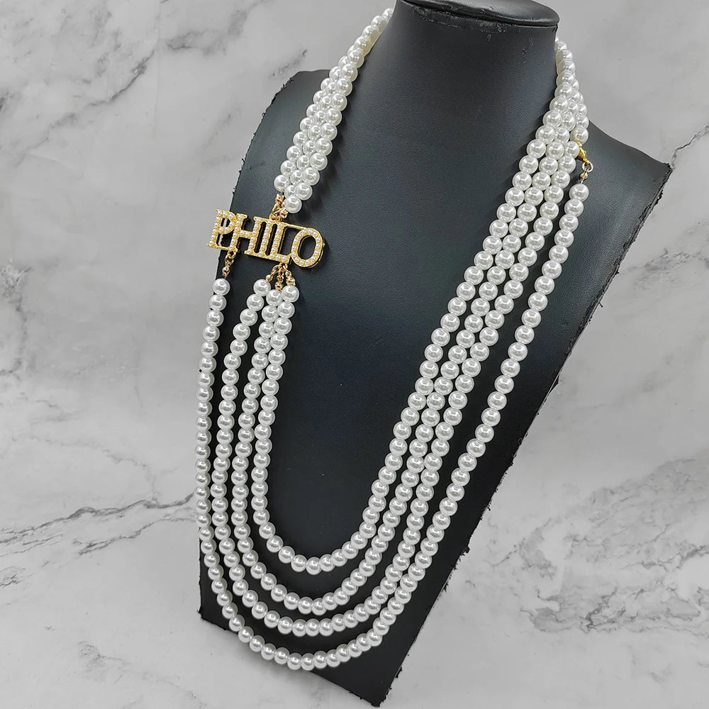 Handmade Greek Popular Four Layers Full White Pearls Sorority Letter Philo Women Necklaces Girlfriend Gift