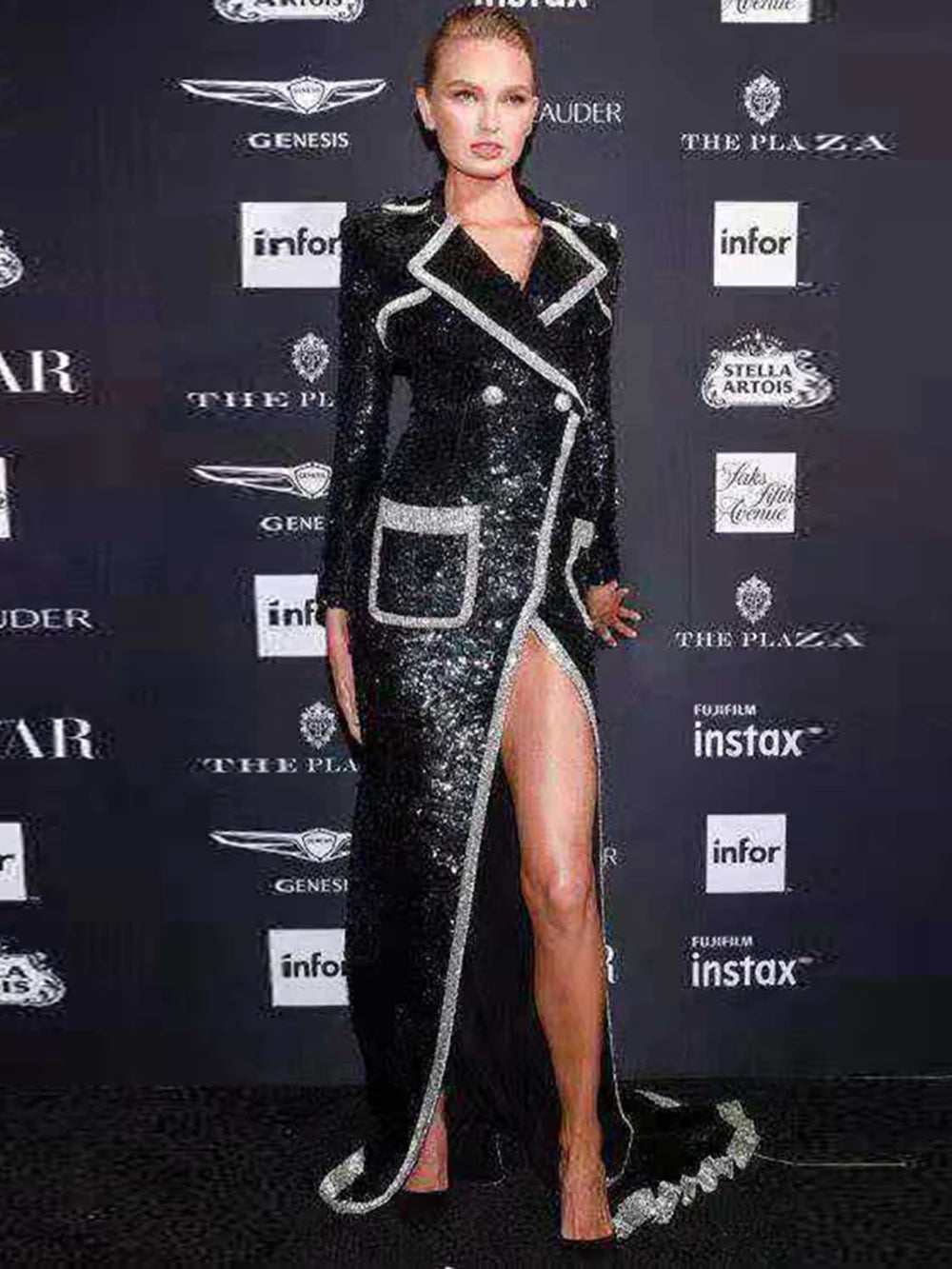 2024 New Women'S Fashion Jacket Sexy Black Sequins V-Neck Long-Sleeved Double-Breasted Long Coat Women'S Long-Sleeved Windbreake