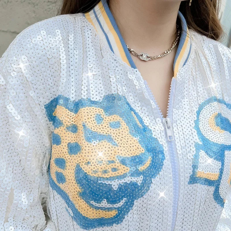 Korean Women Loose Cartoon Sequins Coats Spring Fall Female Casual Hip Hop Baseball Jacket Tops All-matched Outerwear Streetwear