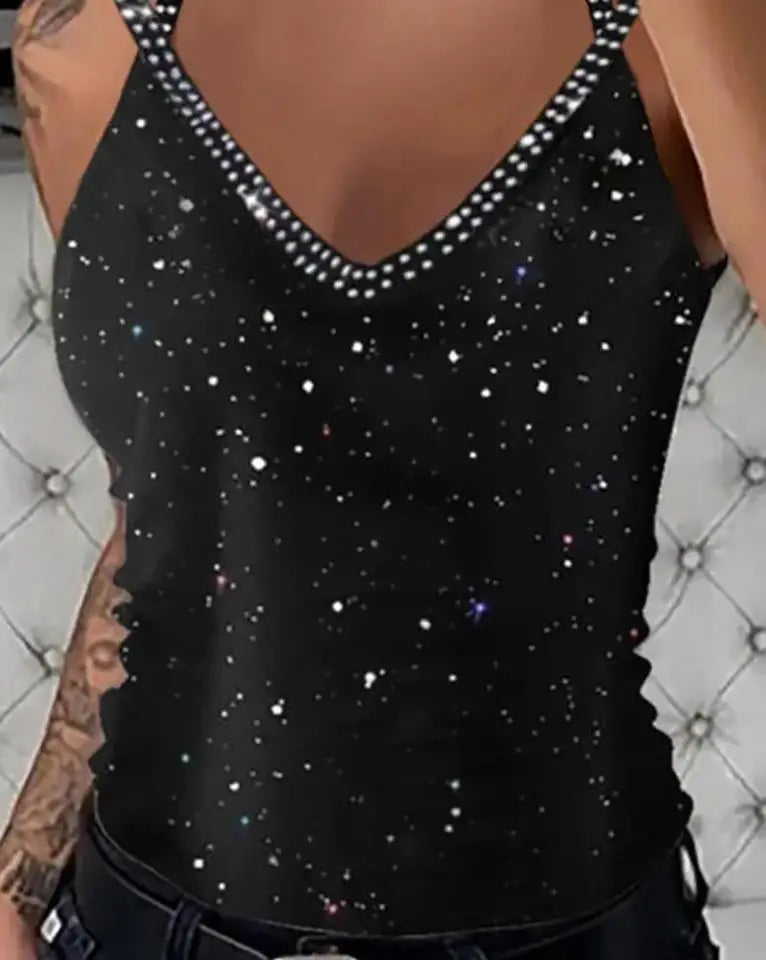 Fashion Women's Tank Top Camisole Glitter Rhinestone V-Neck Cami Tops Cross Strap Vest for Female Night Club Wear Summer Clothes
