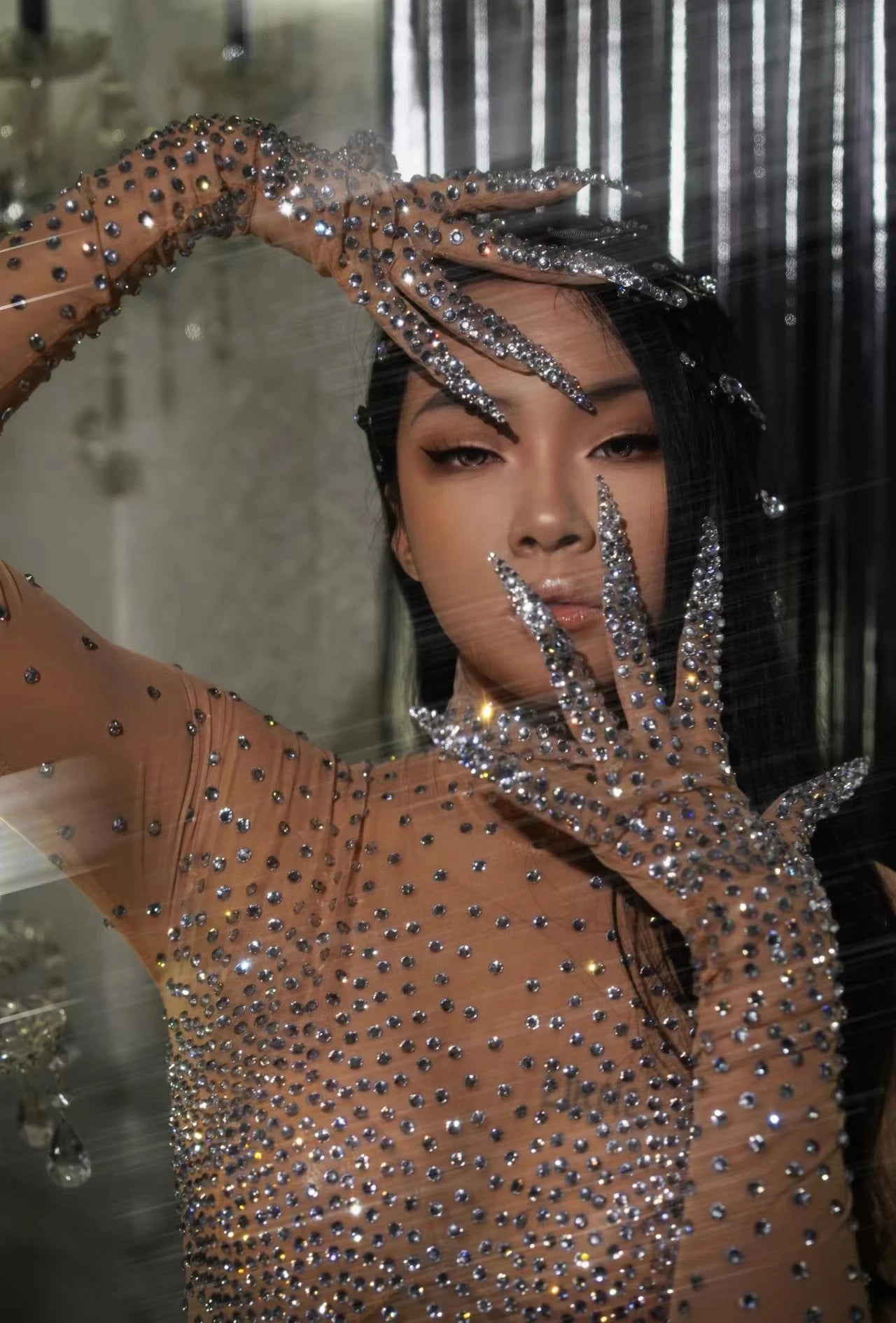 Sexy  Rhinestones Birthday Romper Show Sexy Transparent Costume Evening Celebrate Stretch Outfit Modern dance Bodysuit