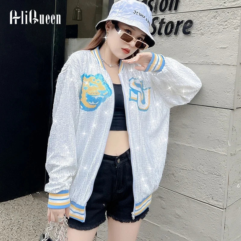 Korean Women Loose Cartoon Sequins Coats Spring Fall Female Casual Hip Hop Baseball Jacket Tops All-matched Outerwear Streetwear