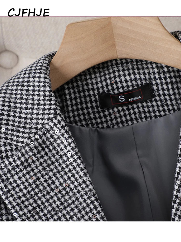 CJFHJE Women's Casual Temperament Suit Jacket Professional Spring Autumn New French Fashion Women Plaid Retro Shiny Blazers