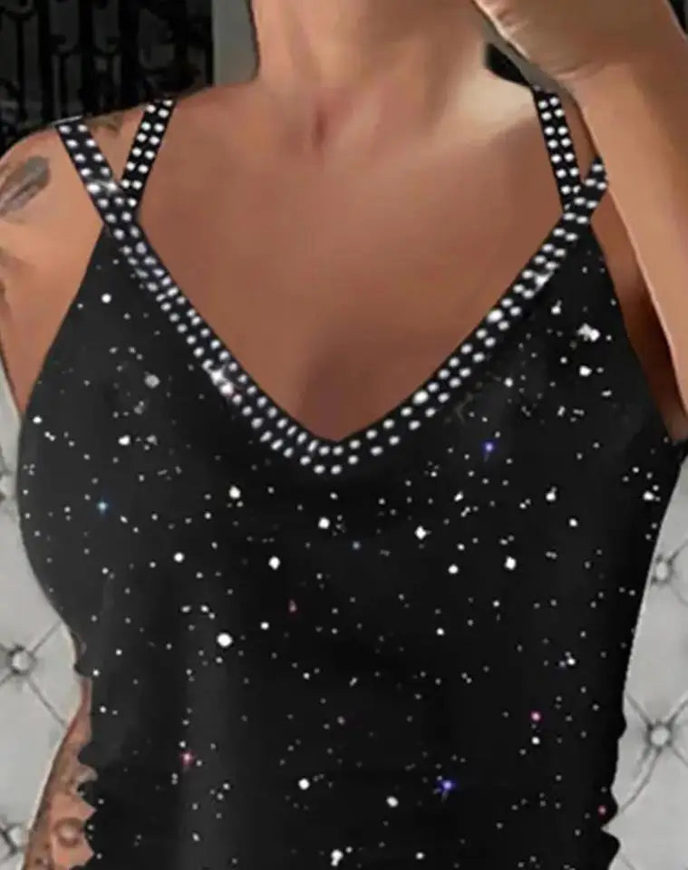 Fashion Women's Tank Top Camisole Glitter Rhinestone V-Neck Cami Tops Cross Strap Vest for Female Night Club Wear Summer Clothes