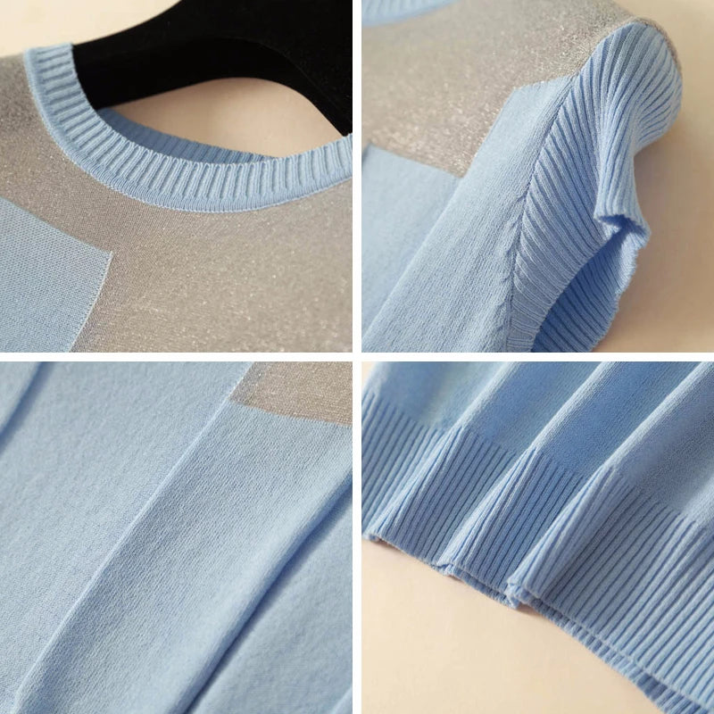 Korean Patchwork Ice Silk Knitted Tops Blusas Mujer De Moda Women O-neck Short Sleeve Pullover Fashion Thin Blouse Blusas 8796