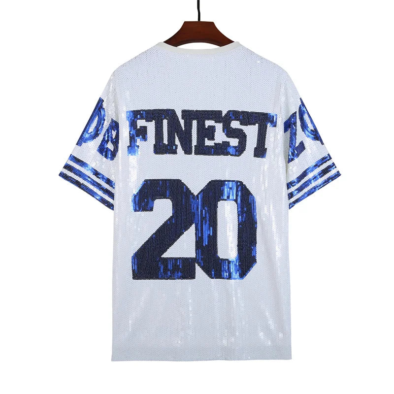 Runway Sequins Cartoon Letter Striped Digit Streetwear Short Sleeve T-Shirt Summer Hip Hop Night Club High Quality Women's Tops