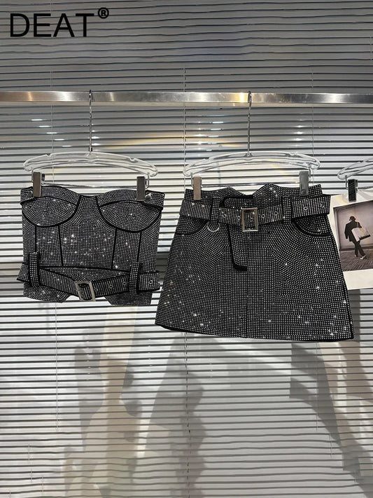 DEAT Summer Female Shiny Rhinestone Splice Sexy Strapless Women's High Waist Belt Designer Mini Short Skirts 2024 New 11XX2075