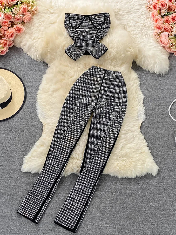 Sexy Women Black/White Diamonds Two Piece Set Party Slash Neck Off Shoulder Camis Tops + High Waist Pants Female Suit Autumn New