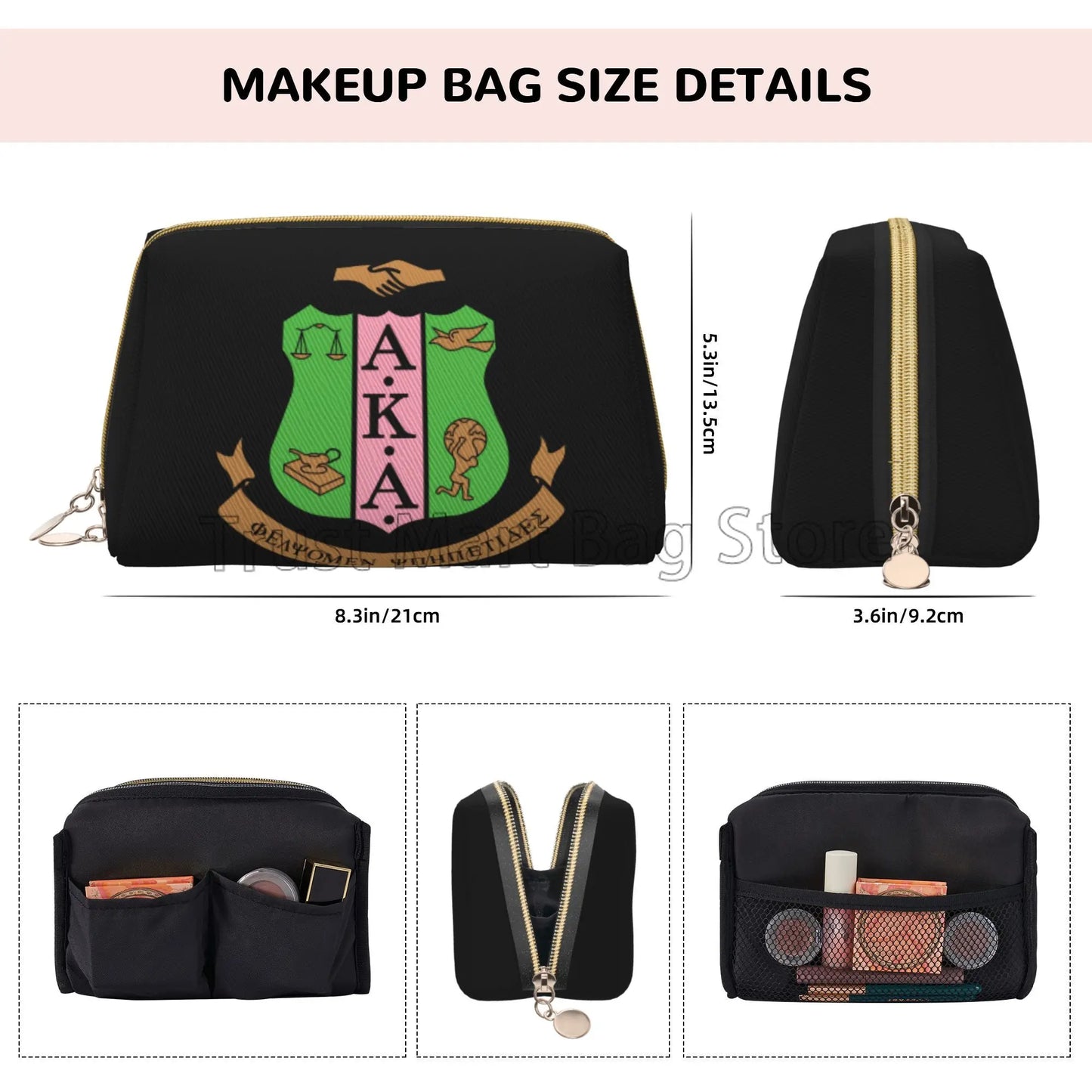 AKA Sorority Gifts for Women Girl 1908 Pink Green Inspired Positive Makeup Bag Leather Women Travel Toiletry Pouch Cosmetic Bag