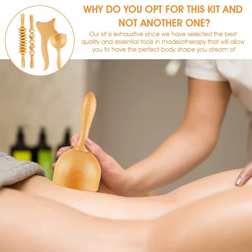 4 In 1 Wooden Therapy Massage Tools Anti Cellulite Massager Muscle Pain Relief Wooden Kit for Body Shaping & Sculpting