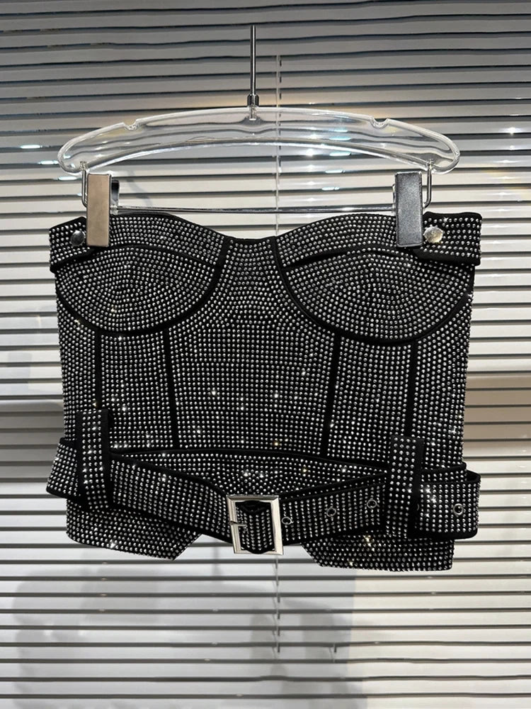 DEAT Summer Female Shiny Rhinestone Splice Sexy Strapless Women's High Waist Belt Designer Mini Short Skirts 2024 New 11XX2075