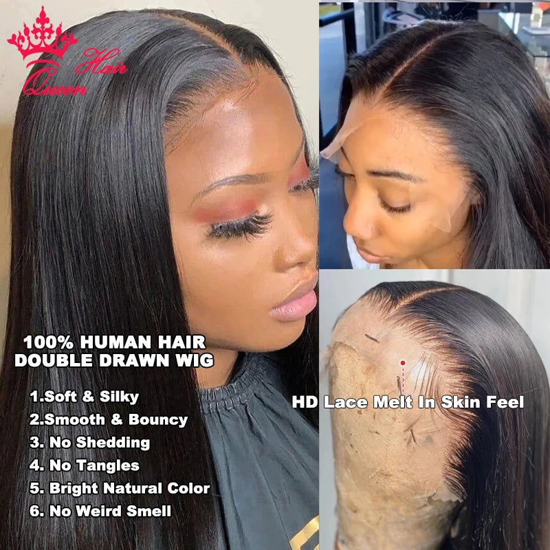 Queen Hair Double Drawn Real HD Lace Front Wigs Bone Straight Raw Virgin Human Hair Pre Plucked Small Knots Full End Lace Wig