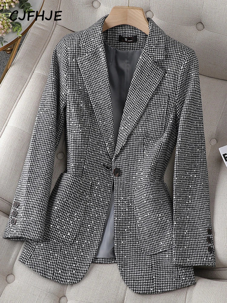 CJFHJE Women's Casual Temperament Suit Jacket Professional Spring Autumn New French Fashion Women Plaid Retro Shiny Blazers