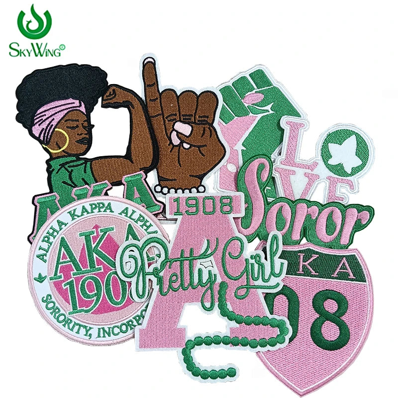 Small Size embroidery letter Sorority AKA 1908 Pink & Green Pretty Girl Ivy Pearl SKEEWEE Love Ivy Embroidered Iron on Patches