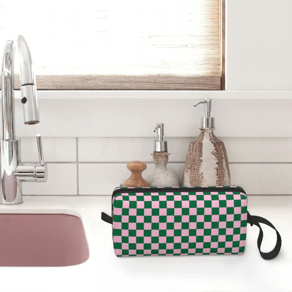 Cotton Candy Pink And Cadmium Green Checkerboard Toiletry Bag Plaid Makeup Cosmetic Organizer Lady Beauty Storage Dopp Kit Box
