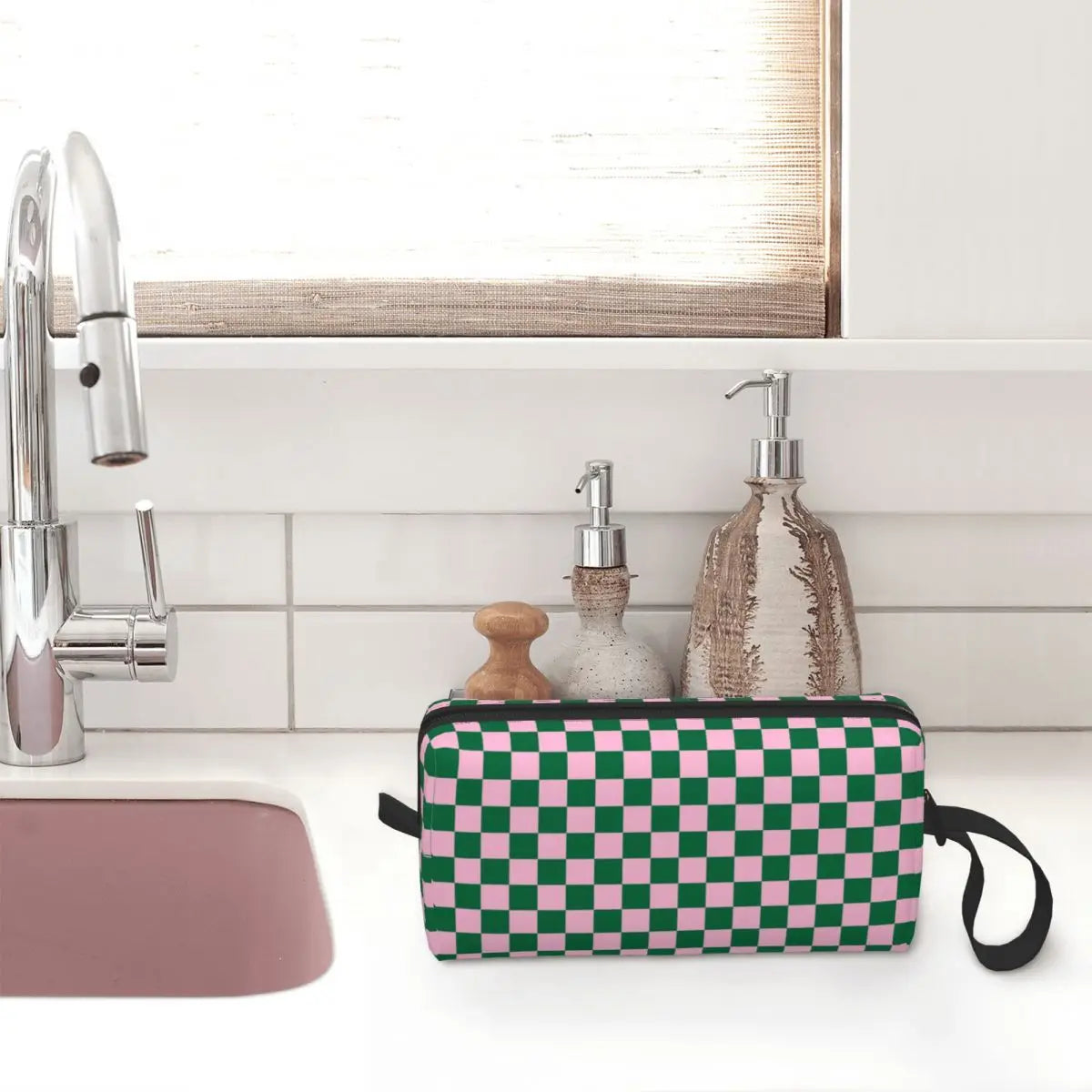 Cotton Candy Pink And Cadmium Green Checkerboard Toiletry Bag Plaid Makeup Cosmetic Organizer Lady Beauty Storage Dopp Kit Box