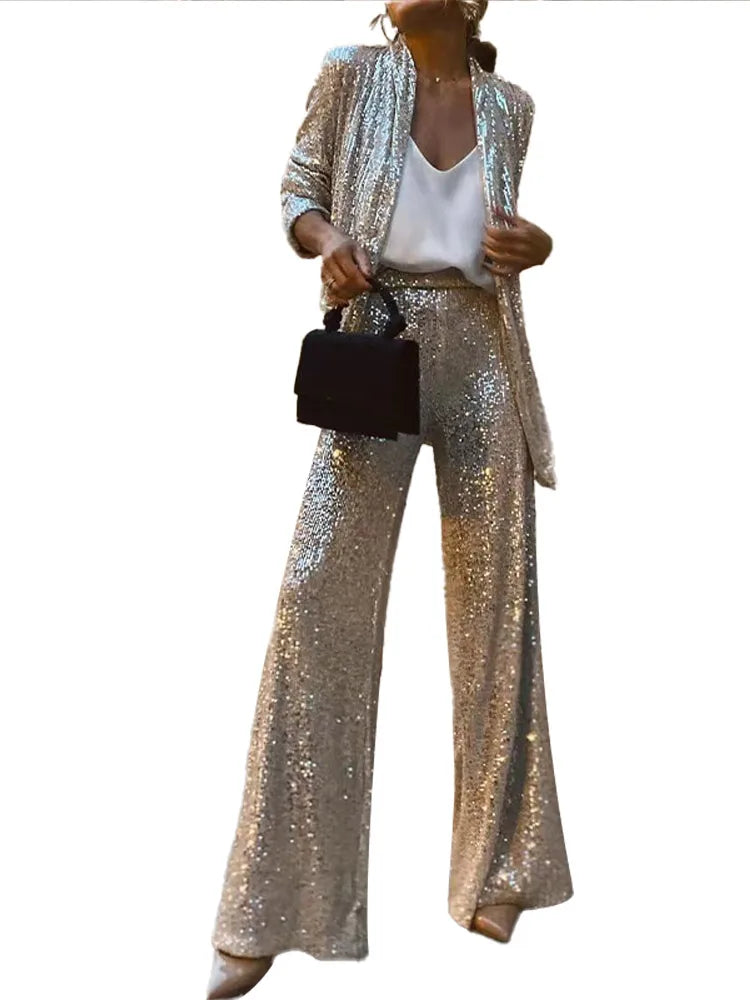 V-neck Open Stitch Sequined Two Piece Set Women Long Sleeve Loose Women's Trouser Suits Spring Autumn Solid Fashion Lady 's Suit