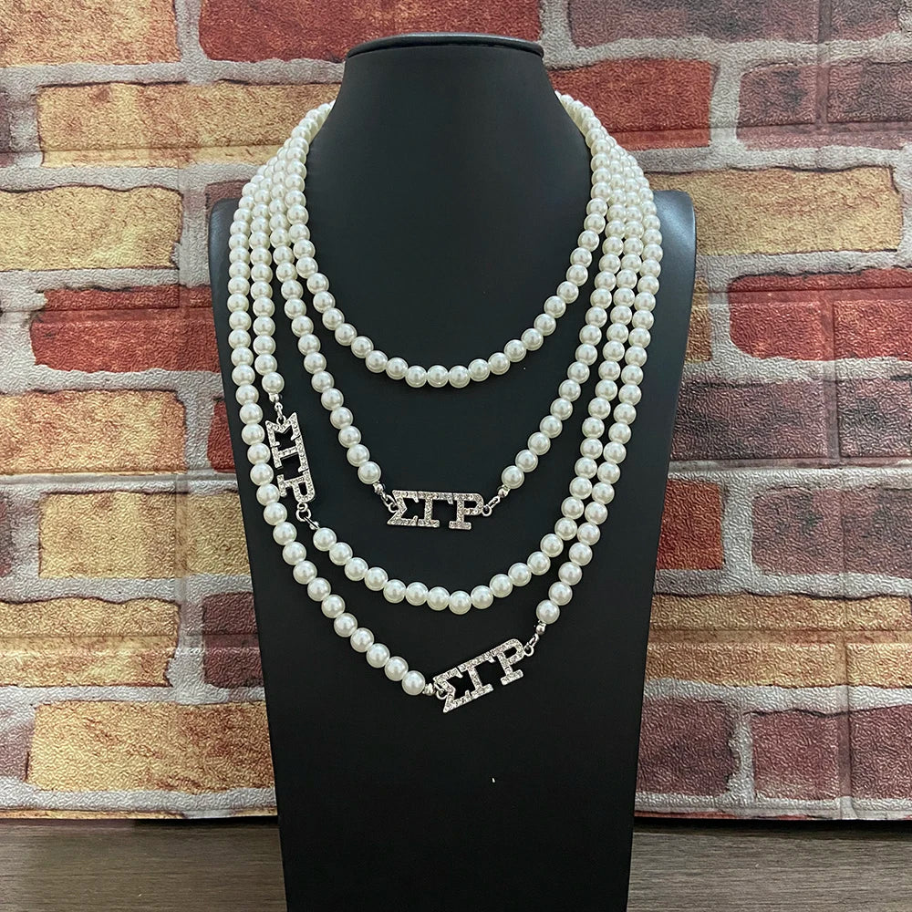 Fashion SIGMA GAMMA RHO Fellowship Greek Letter Inlaid Rhinestone Jewelry Charm Multi layered Pearl Necklace