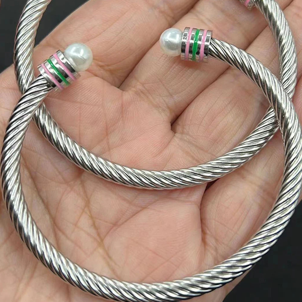Fashionable Greek Girlfriend Club Logo Metal Pink Green Enamel Stainless Steel Open Bracelet