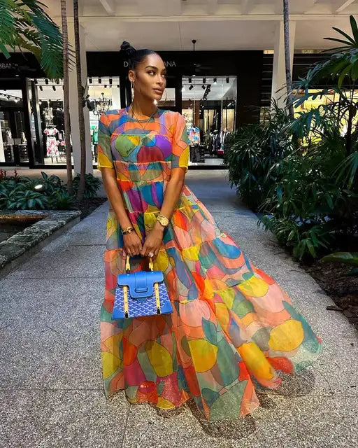 Sexy Print Birthday Party Beach Mesh Sheer Dress Long Big Swing See Through Night Club Outfits Evening Gowns Women Prom Dresses