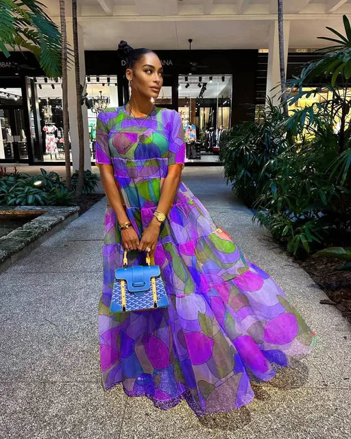 Sexy Print Birthday Party Beach Mesh Sheer Dress Long Big Swing See Through Night Club Outfits Evening Gowns Women Prom Dresses