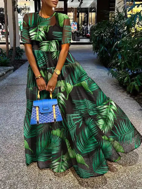 Sexy Print Birthday Party Beach Mesh Sheer Dress Long Big Swing See Through Night Club Outfits Evening Gowns Women Prom Dresses