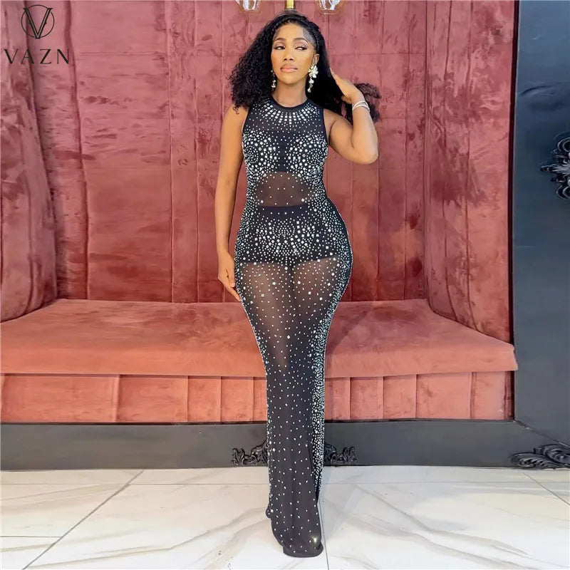 VAZN 2023 Hot Sale High Street Style Short Top Elastic Short Pants Sleeveless Round Neck Floor Length Dress Lady 3 Piece Sets