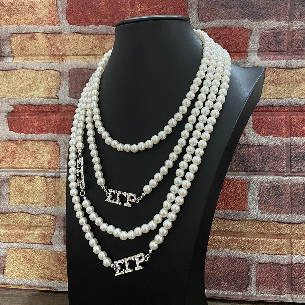 Fashion SIGMA GAMMA RHO Fellowship Greek Letter Inlaid Rhinestone Jewelry Charm Multi layered Pearl Necklace