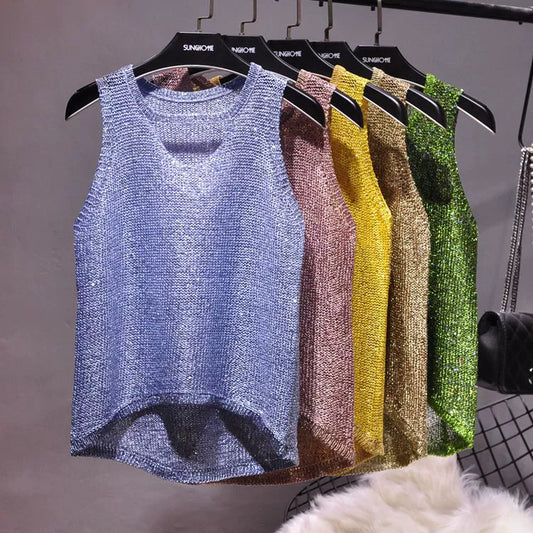 Sexy Knitted Camisole Hollowed out T-shirt Sequins