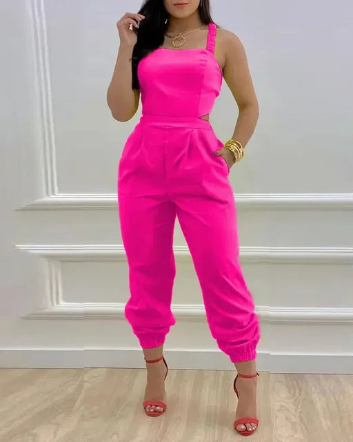 Women Printed Letter Jumpsuits Sleeveless V Neck Suspenders Backless High Waist Trousers Overall Rompers Pockets Autumn
