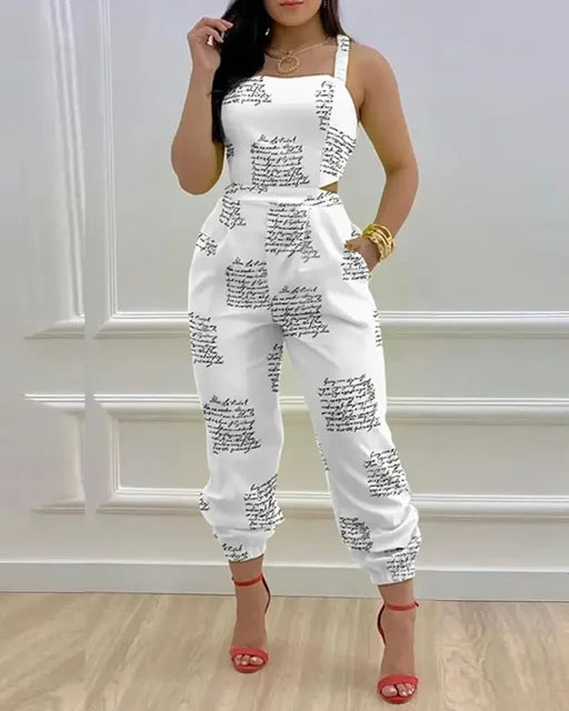 Women Printed Letter Jumpsuits Sleeveless V Neck Suspenders Backless High Waist Trousers Overall Rompers Pockets Autumn