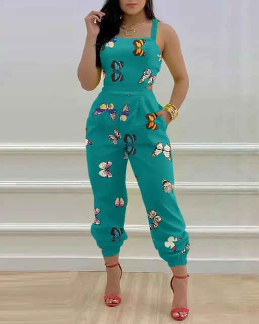 Women Printed Letter Jumpsuits Sleeveless V Neck Suspenders Backless High Waist Trousers Overall Rompers Pockets Autumn